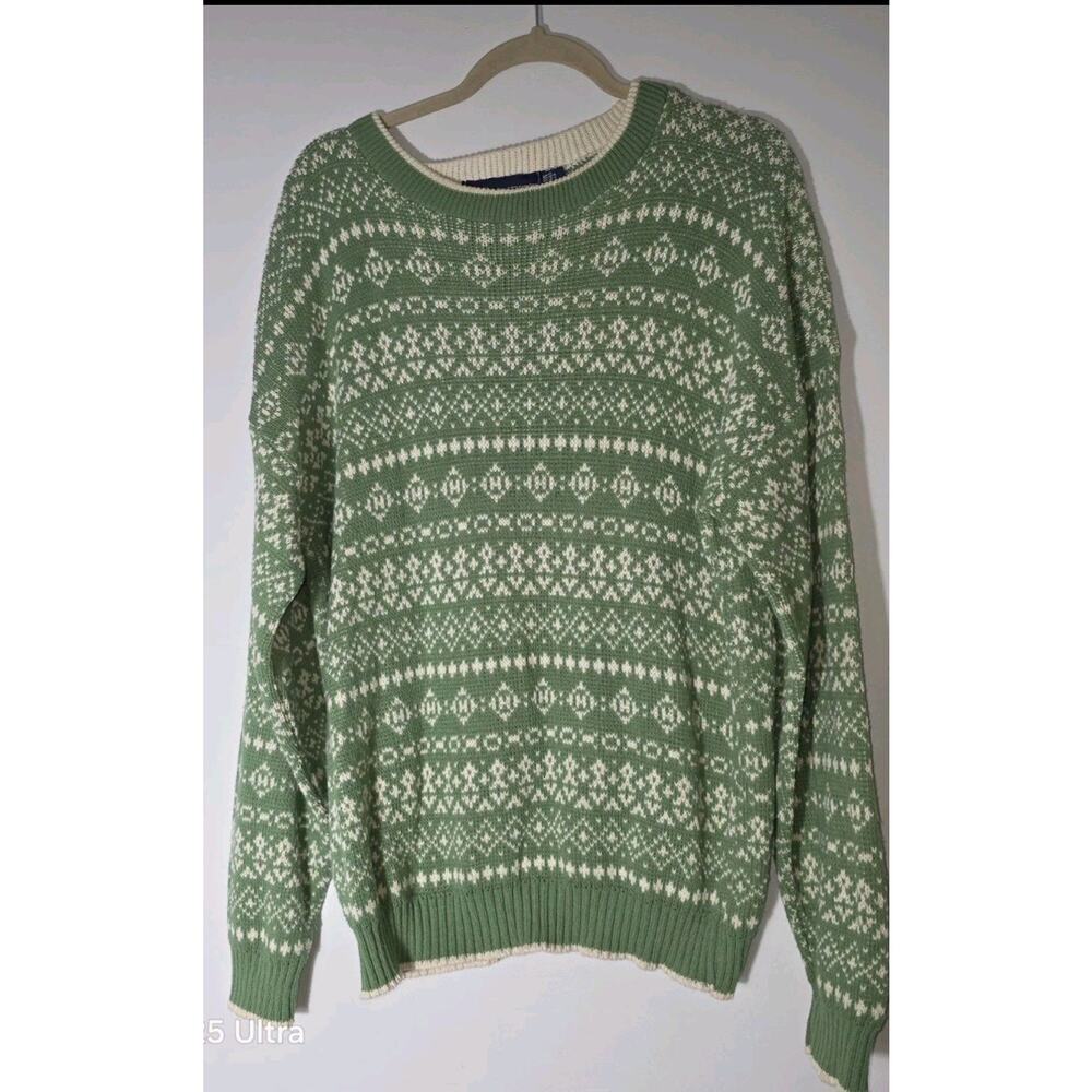 Vintage JOHN WEITZ Hand Framed Cotton Knitted Sweater Made In USA L Green/Cream